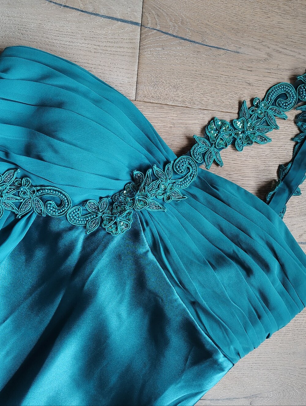 Stunning Vintage Y2K Formal Teal Beaded Embroidery Cross Shoulder Gown sz 10